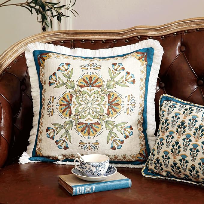 patdrea Designer Square Throw Pillow Covers, French Vintage Blue Farmhouse - Image 2