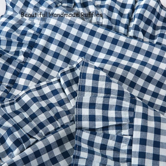 Navy Blue/White Plaid Euro Pillow Shams Set of 2, Shabby Checkered Ruffle - Image 5