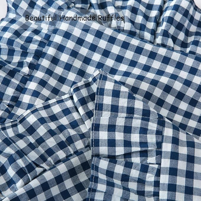 Navy Blue/White Plaid Euro Pillow Shams Set of 2, Shabby Checkered Ruffle - Image 5