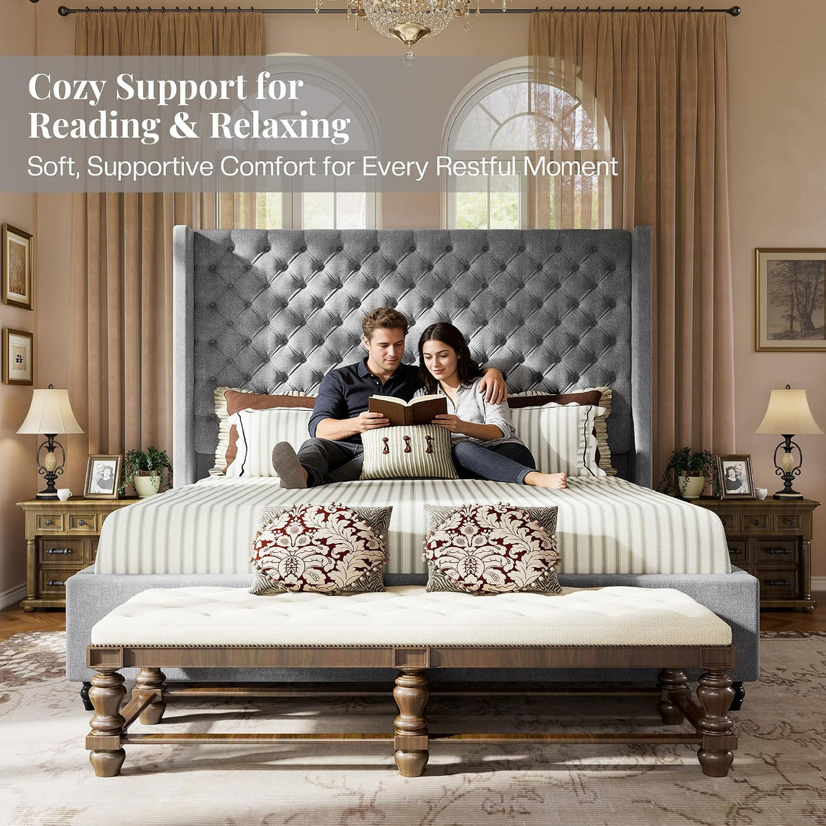 jocisland queen bed frame with 63" tall wingback, close-up detail