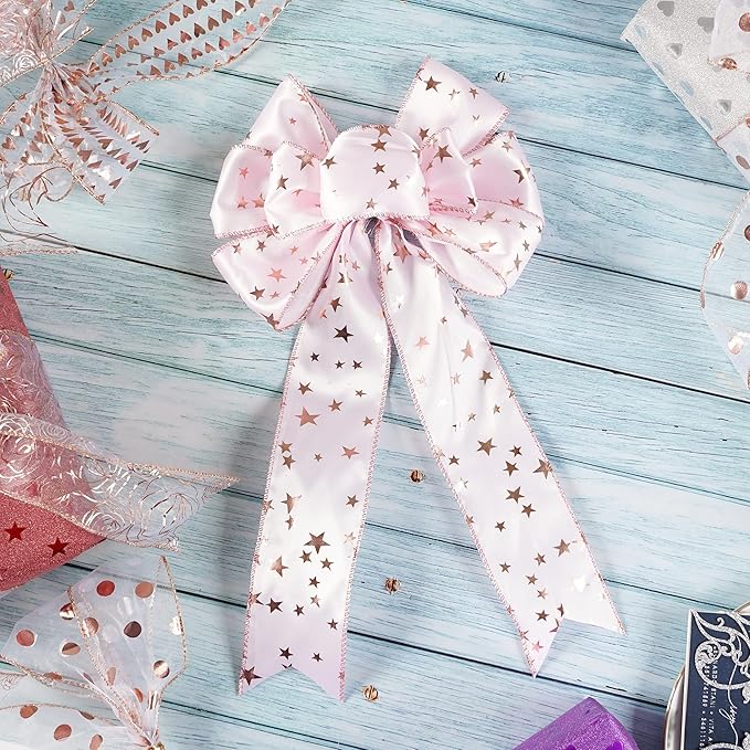 MEEDEE Pink Star Wired Ribbon 2.5 Inch Rose Gold Star Ribbon Wired 25 Yards - Image 4
