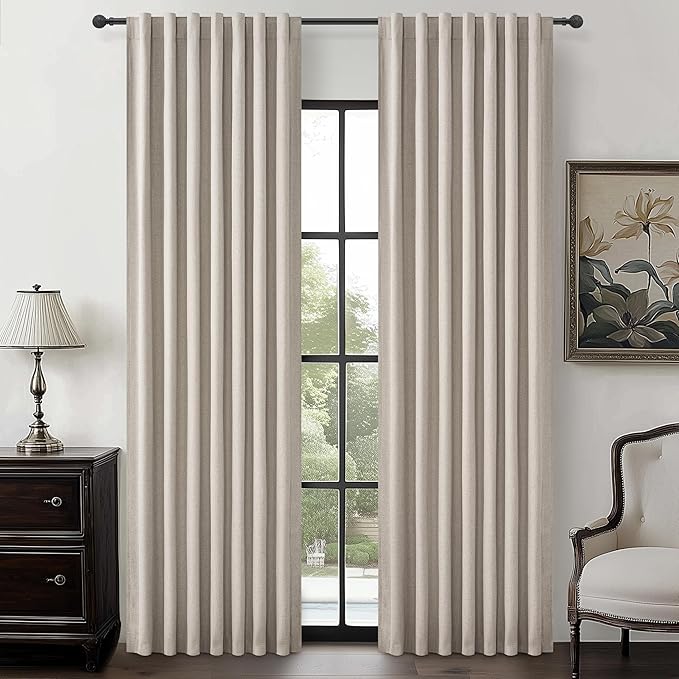 Grey Flax Curtains 86 inch Length 2 Panels Set, Hook Belt&Rod Pocket White by QJMYDECO