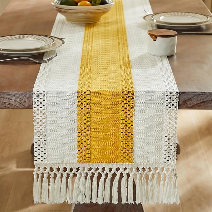 ZeeMart Macrame Style Bicolor Stitching Table Runner, 14 x 108 Inch - Image 3