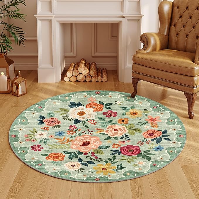 DUKINO Floral Round Rug, 4ft Washable Round Area Rug, Non Slip Indoor Low Pile - Image 5