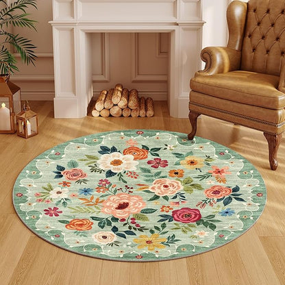 DUKINO Floral Round Rug, 4ft Washable Round Area Rug, Non Slip Indoor Low Pile - Image 5