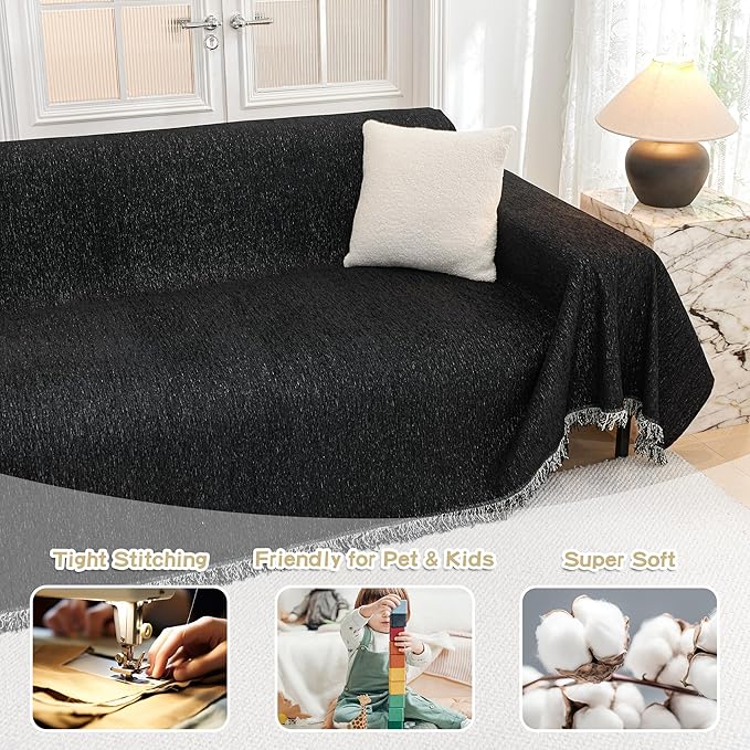 MYSKY HOME Black Couch Cover for 2 Cushion Sofa, Sectional L Shape Throw - Image 2