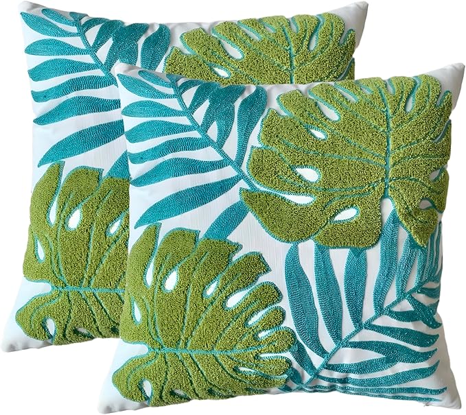 TAOSON Pack of 2, Tropical Green Blue Leave Pattern Embroidered Throw Pillow by TAOSON
