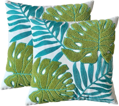 TAOSON Pack of 2, Tropical Green Blue Leave Pattern Embroidered Throw Pillow by TAOSON