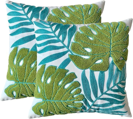 TAOSON Pack of 2, Tropical Green Blue Leave Pattern Embroidered Throw Pillow by TAOSON