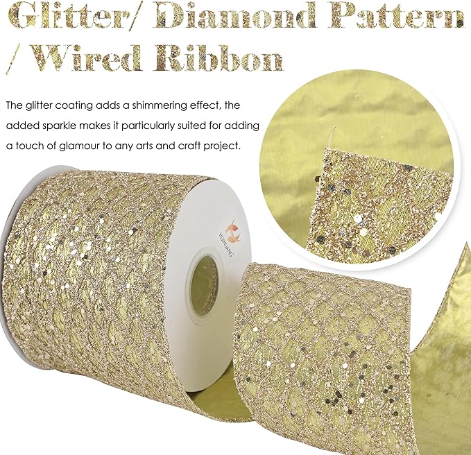 HUIHUANG Champagne Gold Christmas Ribbon 4 inch Glitter Wired Ribbon Diamond - Image 2