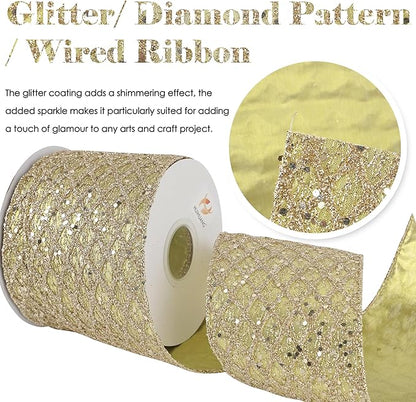 HUIHUANG Champagne Gold Christmas Ribbon 4 inch Glitter Wired Ribbon Diamond - Image 2