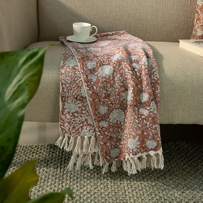 100% Pure Cotton Handblock Printed Throw Blanket, Soft 50" x 60" Fringed Floral - Image 3