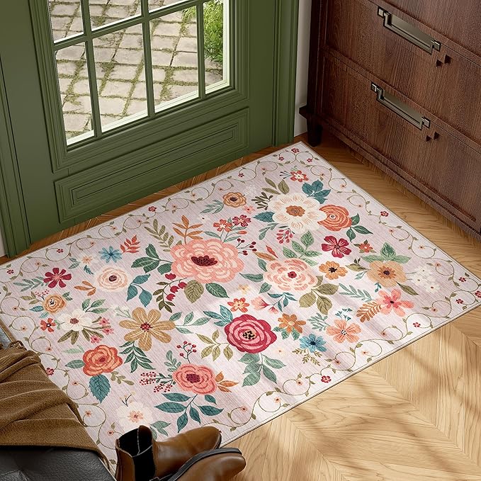 DUKINO 2x3 Rugs for Entryway, Floral Indoor Washable Door Mat, Non Slip Boho - Image 2