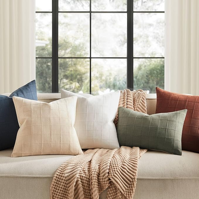 ZeeMart Linen Checked Throw Pillow Covers Set of 2, 22x22 Inch Terracota/Cream - Image 7