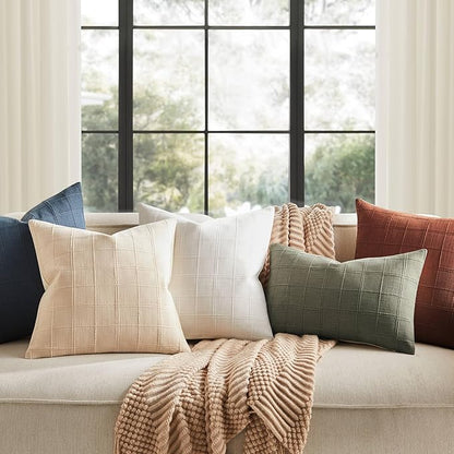 ZeeMart Linen Checked Throw Pillow Covers Set of 2, 20x20 Inch White/Natural - Image 7