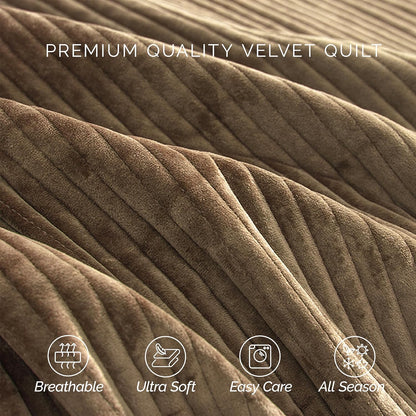 elegant comfort luxury 3-piece velvet corduroy stripe quilt, front angle view