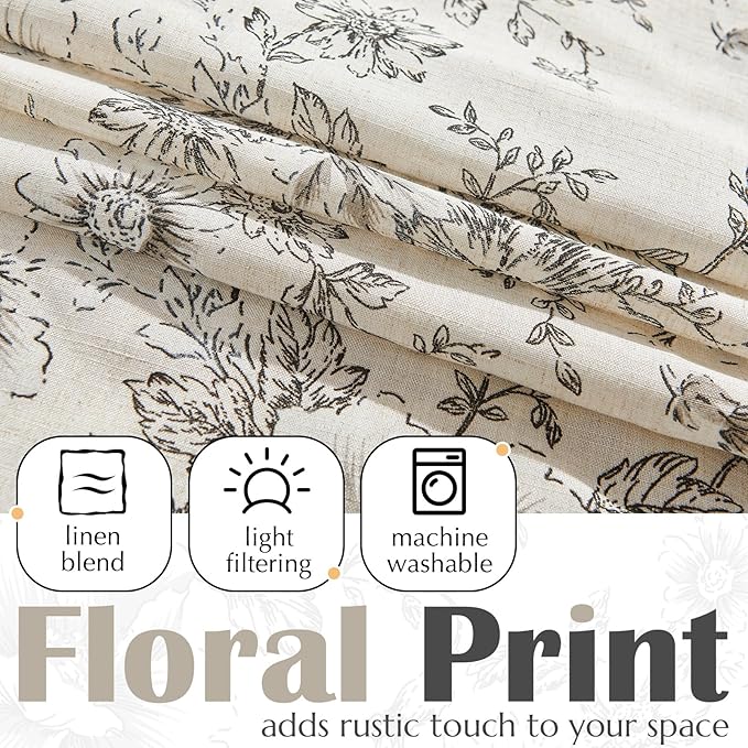 jinchan Linen Valance Curtain Farmhouse Black Floral Small Window Curtain - Image 6