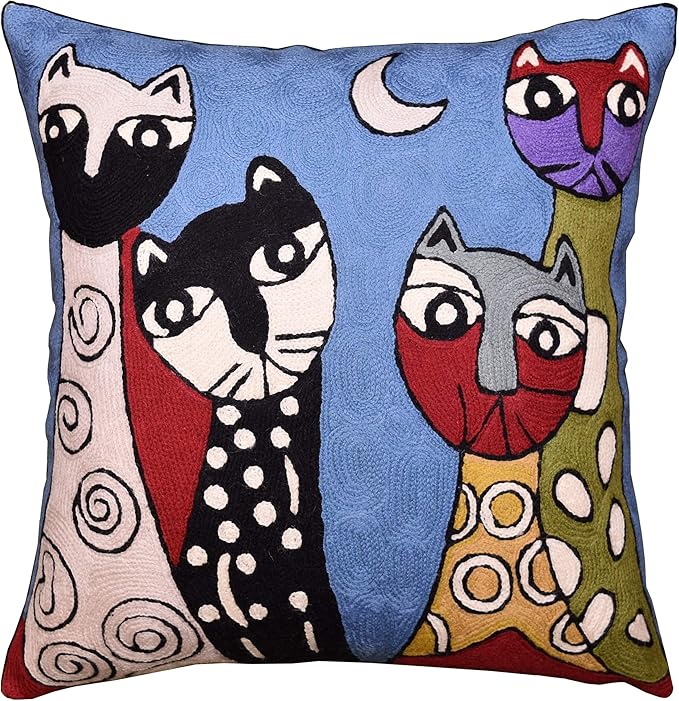 Picasso Blue Cat Pillow Cover Quadruplets Whimsical Hand Embroidered Wool 18x18 by Kashmir+Designs