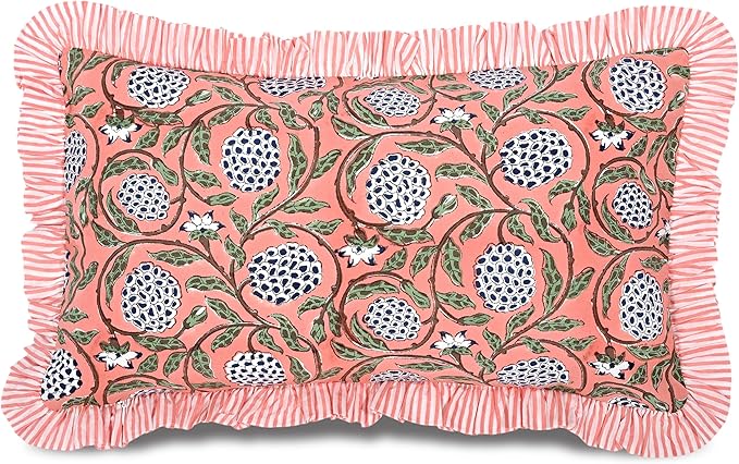 Ridhi Dark Salmon Pink 100% Cotton Block Print Ruffle Lumbar Sham Cover by Ridhi