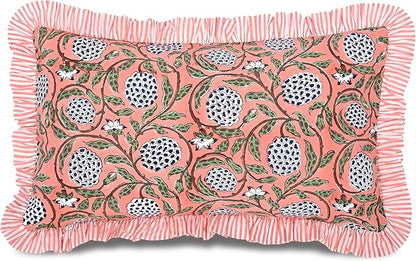 Ridhi Dark Salmon Pink 100% Cotton Block Print Ruffle Lumbar Sham Cover by Ridhi