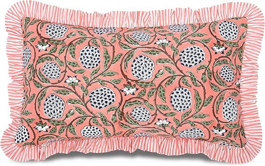 Ridhi Dark Salmon Pink 100% Cotton Block Print Ruffle Lumbar Sham Cover by Ridhi
