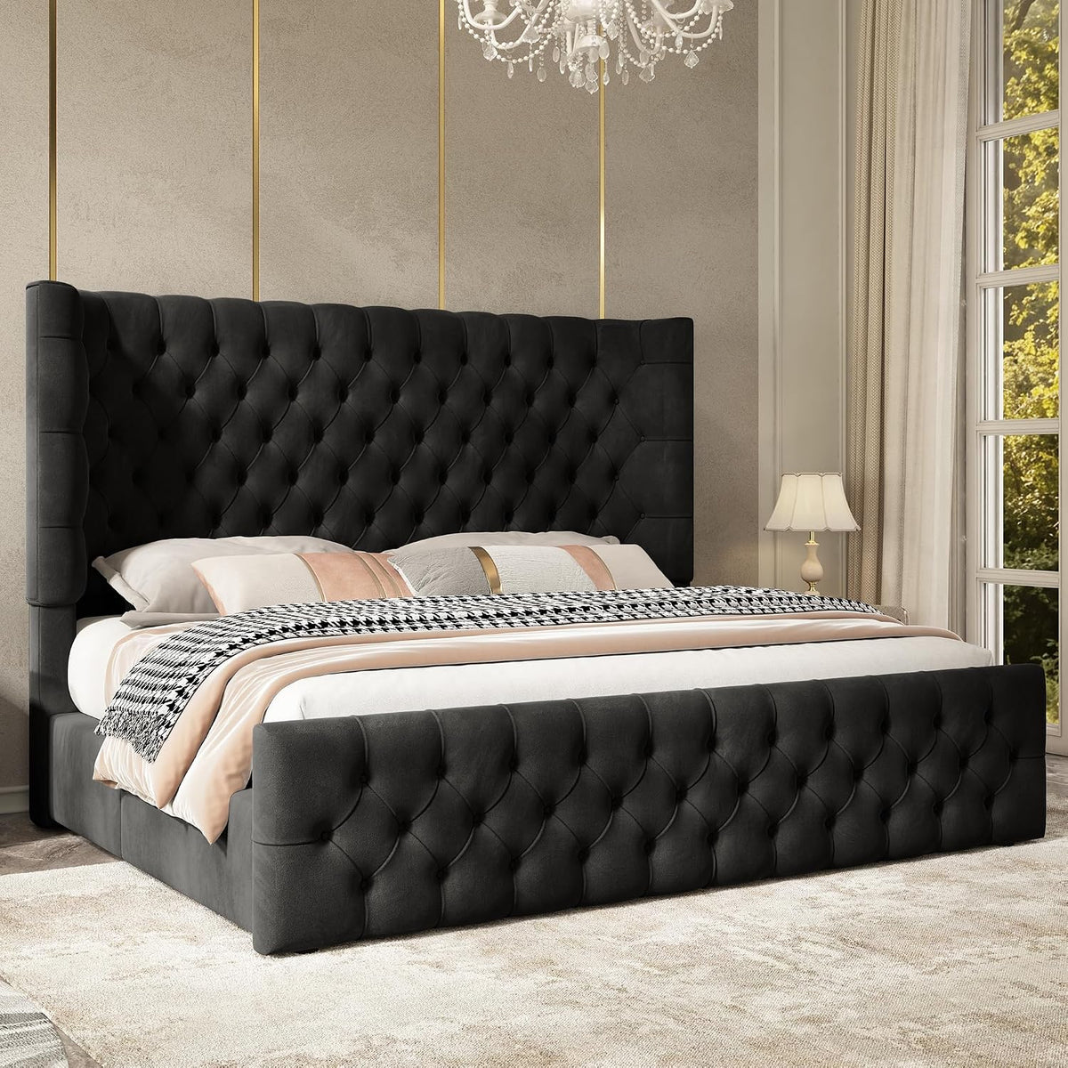 jocisland king size bed frame upholstered sleigh headboard&footboard,black, main product view