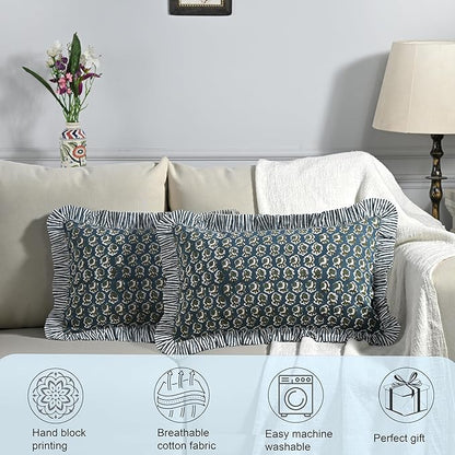 Ridhi Peacock Blue 100% Cotton Block Print Ruffle Lumbar Sham Cover Handmade - Image 3