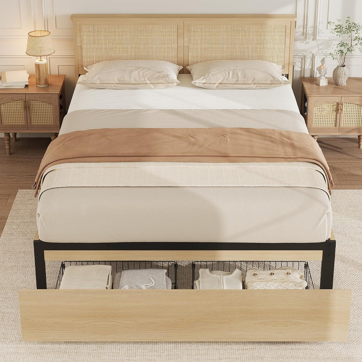 garveehome rattan queen bed frame with 2 storage, close-up detail