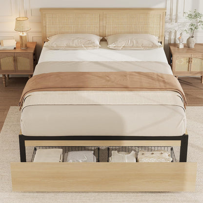 garveehome rattan queen bed frame with 2 storage, close-up detail