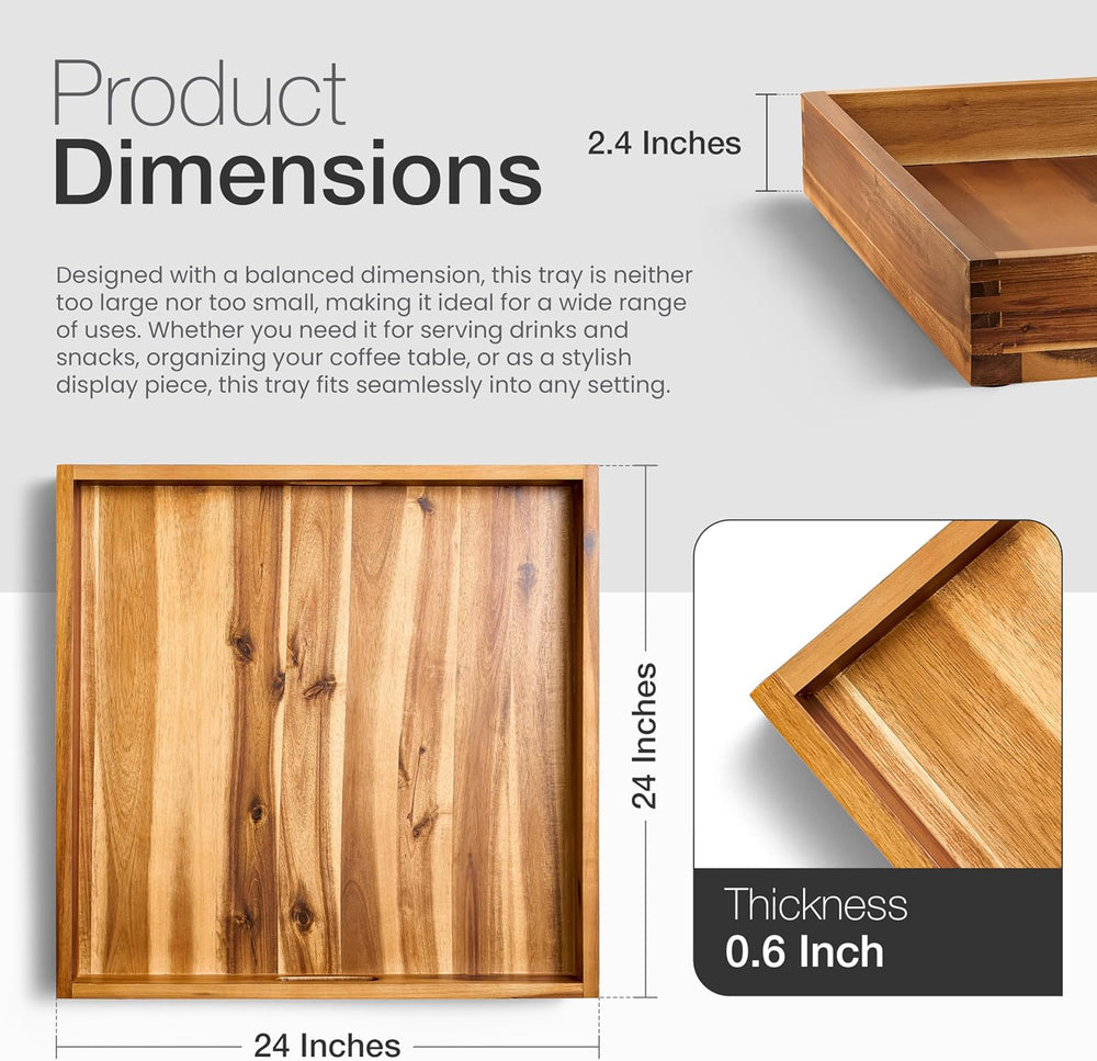 TIDITA 24" x 24" Square Wooden Ottoman Tray, Built-in Handles, Serv...
