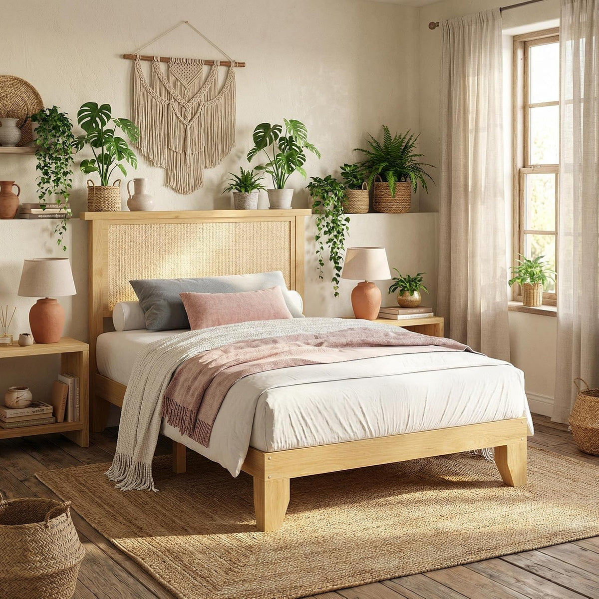 rattan bed frame twin size with natural rattan, front angle view