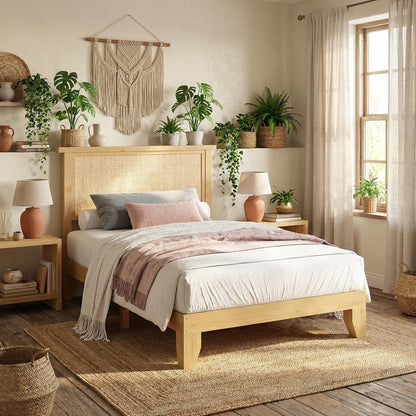 rattan bed frame twin size with natural rattan, front angle view