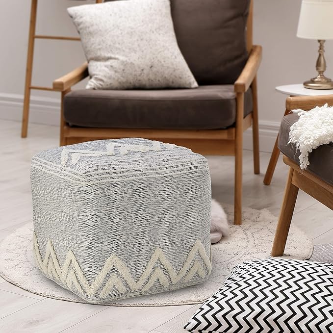 LR Home Gray/Ivory Geometric Hand-Woven Polyester Ottoman Pouf by L.+R.+Resources%2C+Inc.
