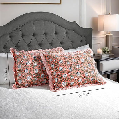 Ridhi Dark Salmon Pink 100% Cotton Block Print Ruffle Bed Sham Cover 20''×26'' - Image 4
