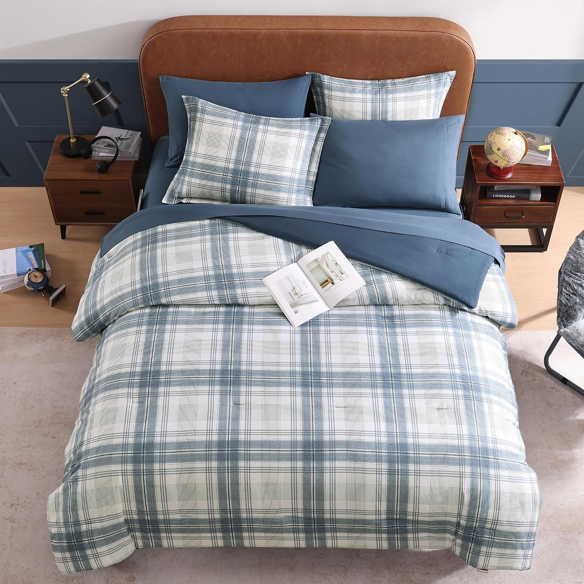 plaid full size comforter set blue grey 7, close-up detail