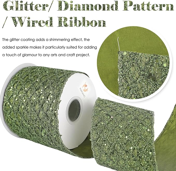 HUIHUANG Moss Green Wired Christmas Ribbon 4 inch Moss Glitter Wired Ribbon - Image 2