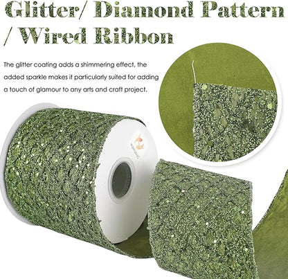 HUIHUANG Moss Green Wired Christmas Ribbon 4 inch Moss Glitter Wired Ribbon - Image 2