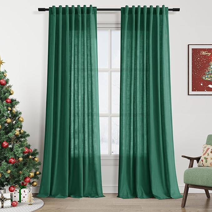 Nanspring Dark Green Linen Curtains 96 Inches Long 2 Panels Set by Nanspring