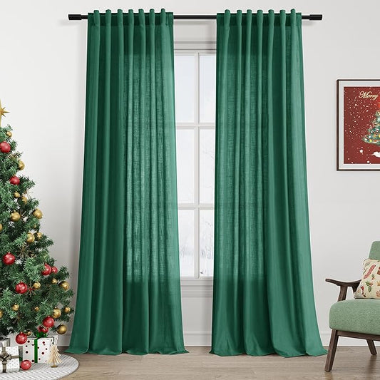 Nanspring Dark Green Linen Curtains 96 Inches Long 2 Panels Set by Nanspring