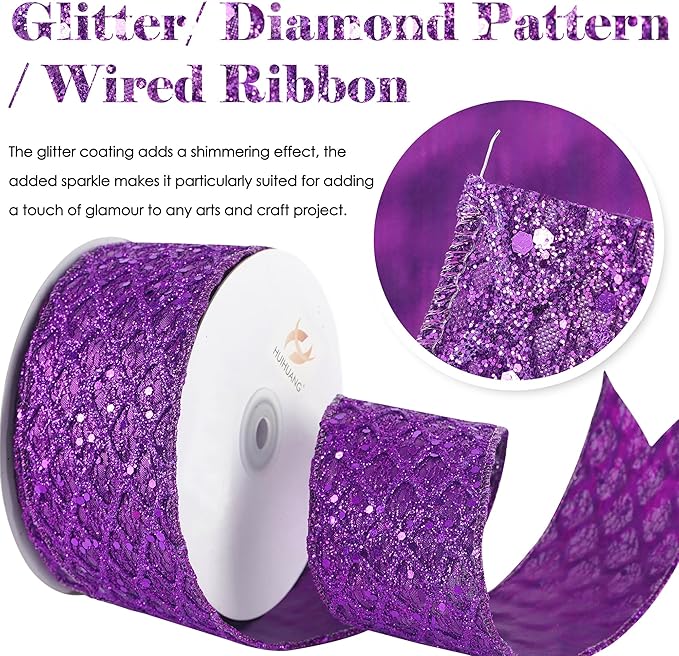 HUIHUANG Purple Wired Ribbon for Christmas Tree 2.5 inch Purple Glitter Diamond - Image 2