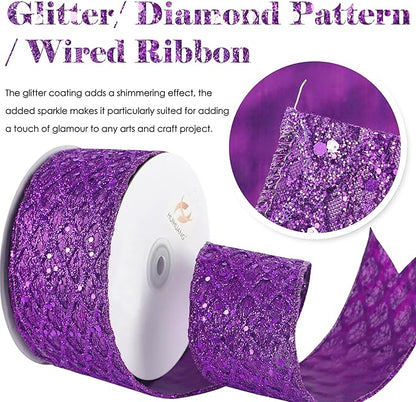 HUIHUANG Purple Wired Ribbon for Christmas Tree 2.5 inch Purple Glitter Diamond - Image 2