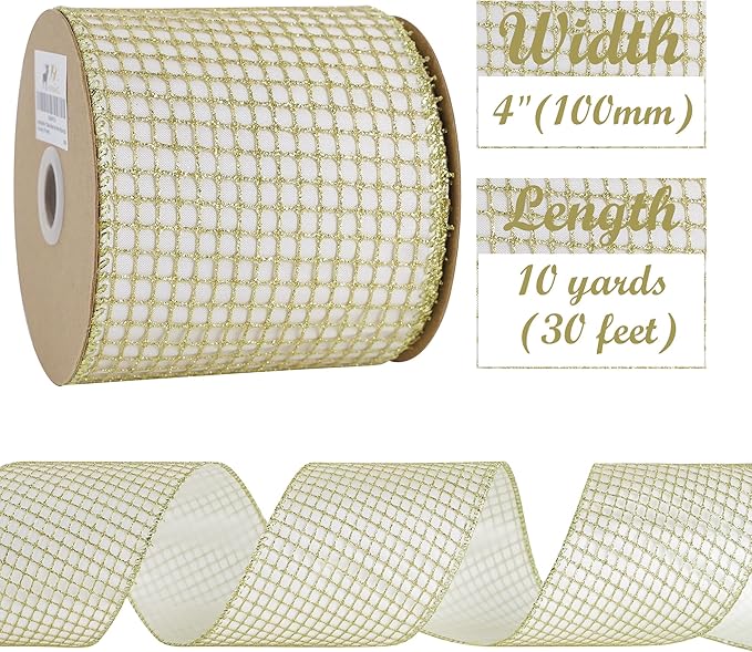 HUIHUANG Gold Glitter Wired Ribbon 4 inch - Image 2