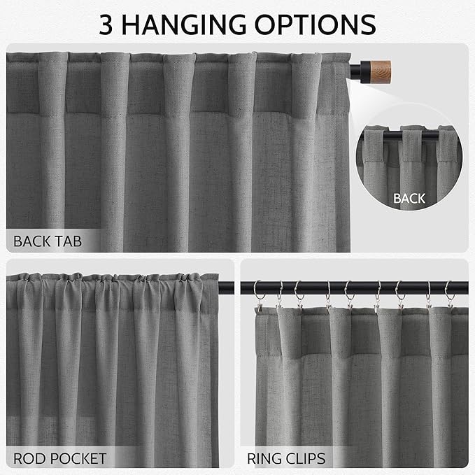 Nanspring Blazer Grey Curtain Linen Blend Light Filtering Back Tab Curtains 96 - Image 3