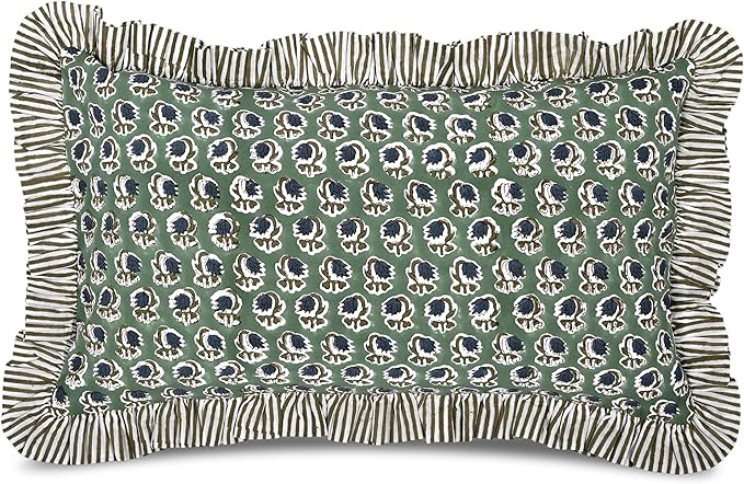 Ridhi Peacock Blue 100% Cotton Block Print Ruffle Bed Sham Cover 20''×36'' Boho by Ridhi