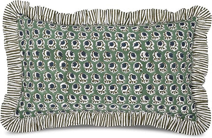 Ridhi Peacock Blue 100% Cotton Block Print Ruffle Bed Sham Cover 20''×36'' Boho by Ridhi