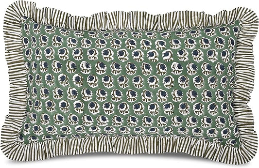 Ridhi Peacock Blue 100% Cotton Block Print Ruffle Bed Sham Cover 20''×36'' Boho by Ridhi