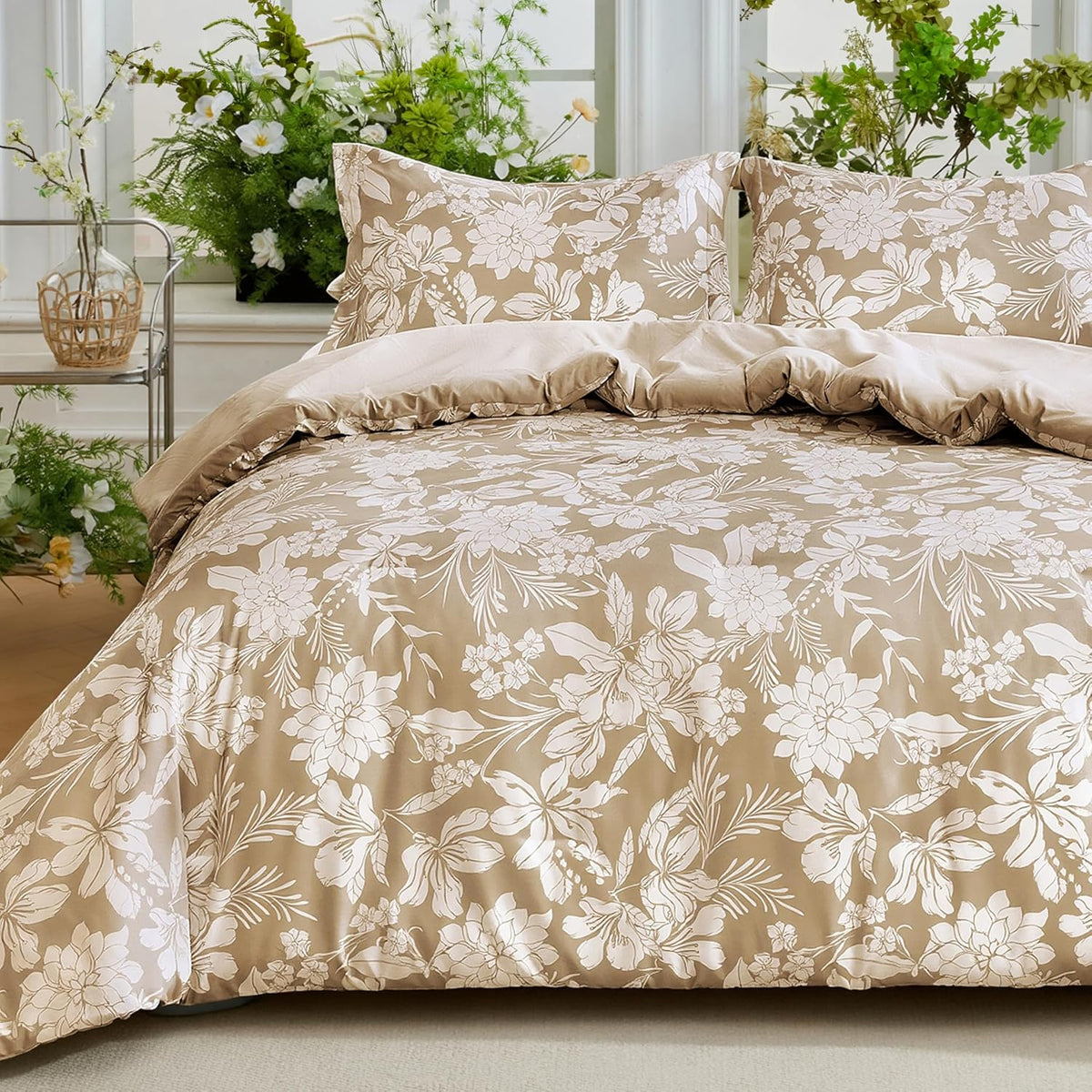 joiedomi floral queen comforter set beige bedding set, main product view