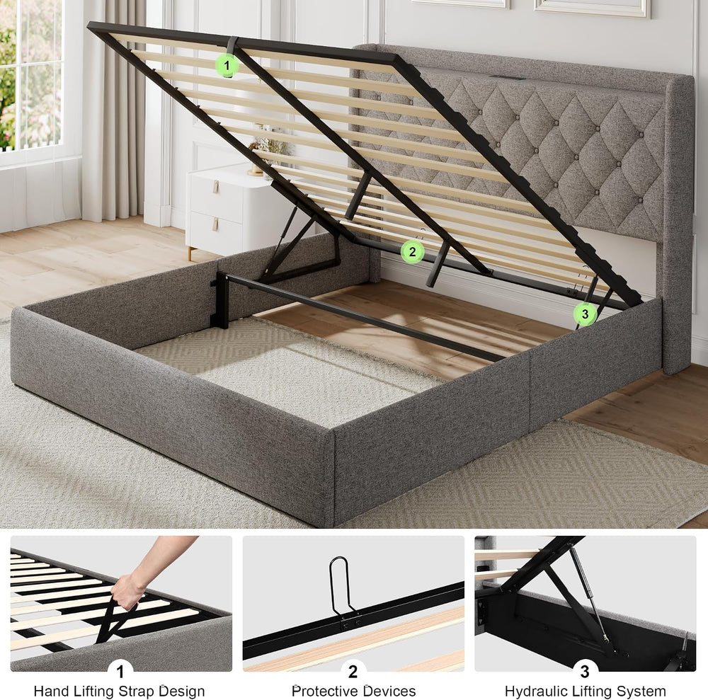 Feonase Full Size Bed Frame with Storage & Charging Station - Hydraulic L...