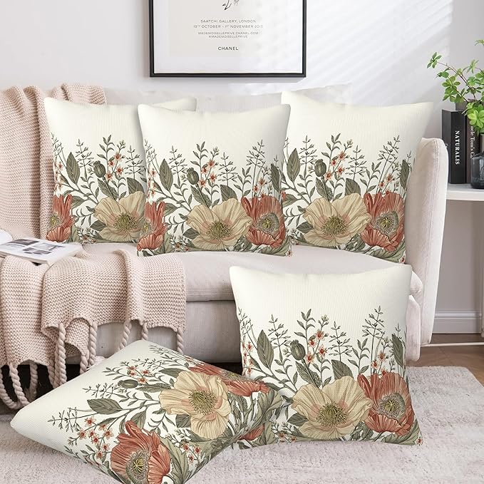 Vintage Poppy Flowers Throw Pillow Covers Set of 2 Blooming Flowers Pillow - Image 6