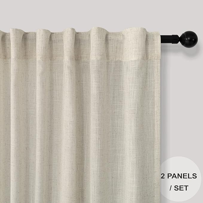 Beige Curtains 38 Inch Width for Living Room 2 Panels Back Tab Rod Pocket Flax - Image 2
